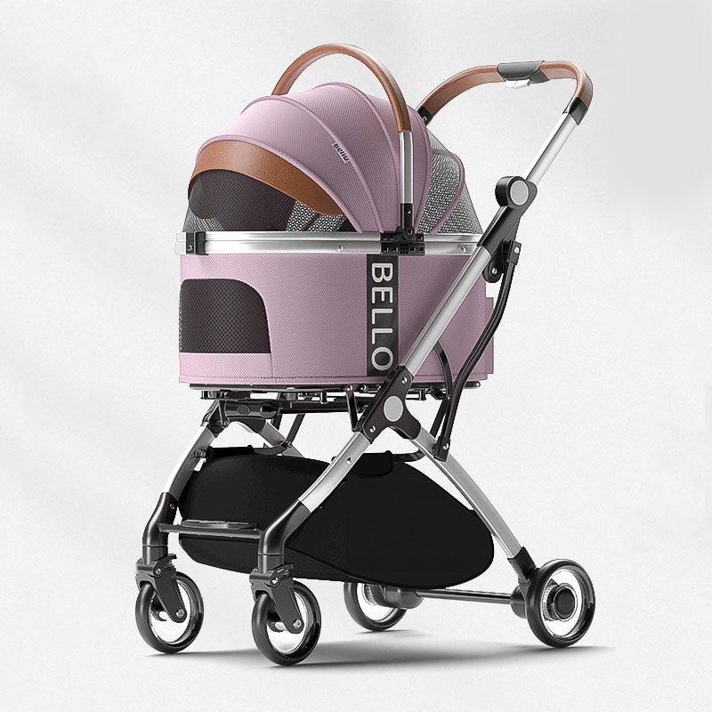 Convertible Design: Switch between stroller and carrier modes effortlessly. Easy Navigation: Sturdy wheels with 360-degree swivel for smooth, easy control. Sophisticated Style: Modern grey finish with ample storage for treats and essentials. Travel-Friendly: Lightweight and foldable for easy storage and transport. Comfort-First: Padded interior with a secure safety tether and breathable mesh windows.