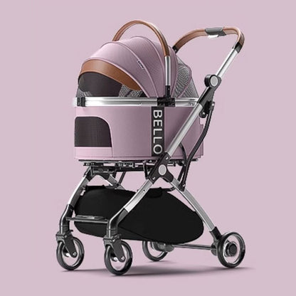 Convertible Design: Switch between stroller and carrier modes effortlessly. Easy Navigation: Sturdy wheels with 360-degree swivel for smooth, easy control. Sophisticated Style: Modern grey finish with ample storage for treats and essentials. Travel-Friendly: Lightweight and foldable for easy storage and transport. Comfort-First: Padded interior with a secure safety tether and breathable mesh windows.