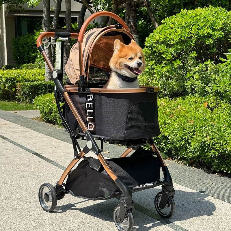 Convertible Design: Switch between stroller and carrier modes effortlessly. Easy Navigation: Sturdy wheels with 360-degree swivel for smooth, easy control. Sophisticated Style: Modern grey finish with ample storage for treats and essentials. Travel-Friendly: Lightweight and foldable for easy storage and transport. Comfort-First: Padded interior with a secure safety tether and breathable mesh windows.