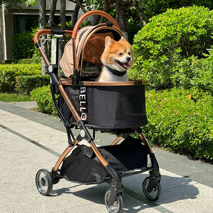 Convertible Design: Switch between stroller and carrier modes effortlessly. Easy Navigation: Sturdy wheels with 360-degree swivel for smooth, easy control. Sophisticated Style: Modern grey finish with ample storage for treats and essentials. Travel-Friendly: Lightweight and foldable for easy storage and transport. Comfort-First: Padded interior with a secure safety tether and breathable mesh windows.