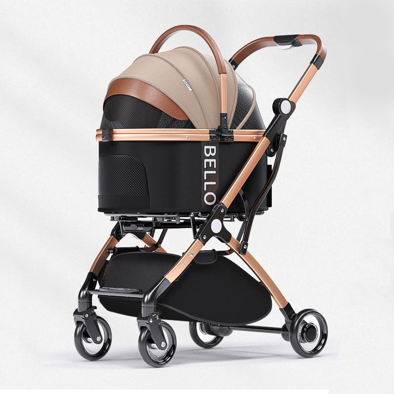 Convertible Design: Switch between stroller and carrier modes effortlessly. Easy Navigation: Sturdy wheels with 360-degree swivel for smooth, easy control. Sophisticated Style: Modern grey finish with ample storage for treats and essentials. Travel-Friendly: Lightweight and foldable for easy storage and transport. Comfort-First: Padded interior with a secure safety tether and breathable mesh windows.