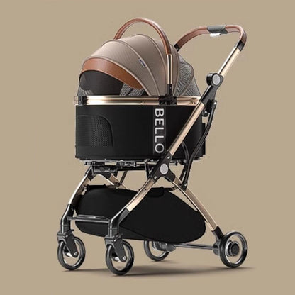 Convertible Design: Switch between stroller and carrier modes effortlessly. Easy Navigation: Sturdy wheels with 360-degree swivel for smooth, easy control. Sophisticated Style: Modern grey finish with ample storage for treats and essentials. Travel-Friendly: Lightweight and foldable for easy storage and transport. Comfort-First: Padded interior with a secure safety tether and breathable mesh windows.